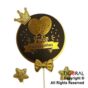 CAKE TOPPER CON 2 ESTRELLAS FELIZ CUMPLEAOS ORO Y NEGRO